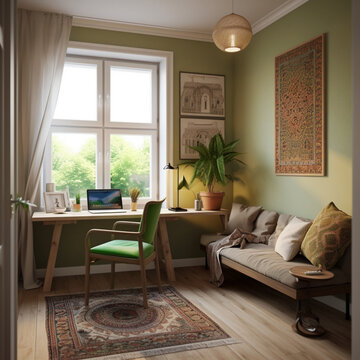 vastu interior, modern style, narrow room room with small window, cabinet room for young men, natural floor, bege walls, Indian carpet, big table for job, feature, a lot of greenery, green chair
