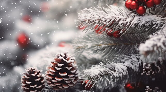  a pine cone and some red berries on a tree with snow.  generative ai