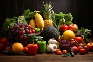 Nature's Bounty: An Array of Fresh Fruits and Vegetables Displayed on a Rustic Wooden Table --ar 3:2