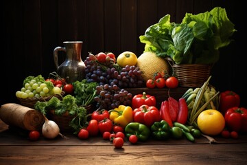 Exploring Nature's Bounty: A Vibrant Display of Assorted Fruits and Vegetables on a Rustic Wooden Ta