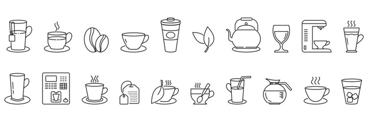 Set of coffee and tea line icons. Cappuccino, iced juice and latte signs. Kettle, coffee pot and hot drink with steam. Mint leaves, herbal drink and shopping symbols. Vector
