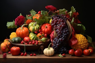 Fototapeta na wymiar Fall Harvest: Abundant Autumn Ripe Vegetables and Fruits - AR 3:2