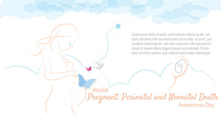 World Pregnancy, Perinatal and Neonatal Death Awareness Day. Silhouette of pregnant woman with baby in gray with stars and butterflies coming out of her going to the sky. 