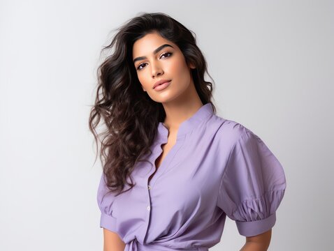 Lavender Allure Indian model, the embodiment of latest fashion trends in a chic lavender ensemble for a lifestyle ad