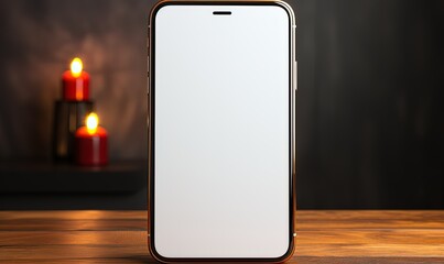 Mockup of isolated touch screen cell phone with blank screen on a wooden table