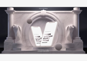 Realistic Vertical White Smartphones Mockup with Light Marbel Background and 3D Balls