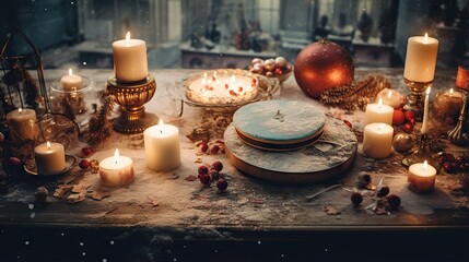  a table topped with lots of candles and other items on top of it.  generative ai