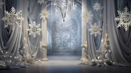  a snow themed stage set up with snowflakes and lights.  generative ai