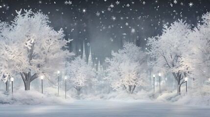  a winter scene with a street light and snow covered trees.  generative ai