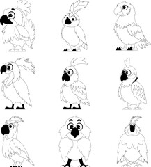 A large collection of amusing and adorable parrot, made in a straight line. Childrens coloring page.