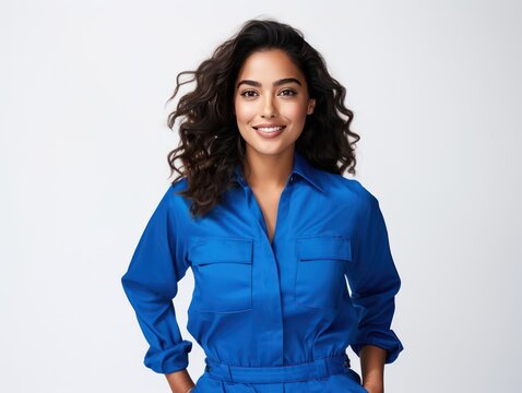 Radiant Indian girl in blue jumpsuit promoting self-expression and individuality