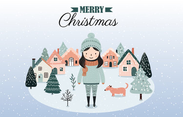 Hand drawn winter banner with girl, snowy trees, houses. Christmas design, background, poster. Wintry scenes.