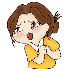 The female character's plead face conveys please emotion.