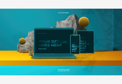 Blue Laptop with Smartphone and Tablet Mockups on Blue Background with Orange Circles
