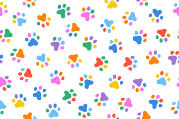 Fun colorful dog paw doodle seamless pattern. Puppy footprint in rainbow color pattern. Design for animal product branding.