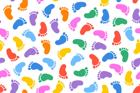 Colorful baby footprint doodle seamless pattern. Design for welcome new born baby.
