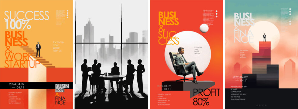 Finance, success and business. Vector business people standing and sitting in a chair, approaching the office,  stairs symbolizing the way to success for a poster or cover. 