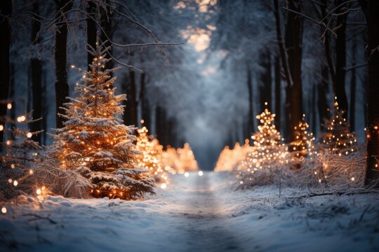 Winter forest background with a road perspective and Christmas trees decorated with garland lights