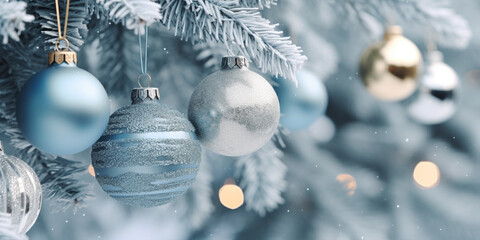 Christmas banner with blue and silver bauble ornaments on tree - obrazy, fototapety, plakaty