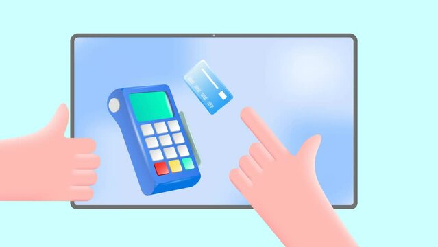 Payment terminal, a modern POS-bank payment device.
A payment device with an NFC keyboard. A credit card reader.
Animation of a contactless payment system.
