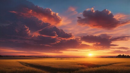 Fototapeta na wymiar A field at sunset with vivid sky colors 