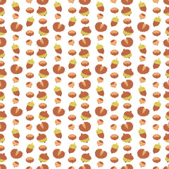 Seamless pattern with nuts and chestnut fruit. Color flat vector illustration.