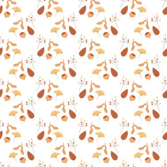Seamless pattern with nuts, seeds, leaves and berries. Color flat vector illustration.