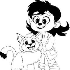 A woman who helps animals, called a vet, is taking care of a really cute cat. She is very pleased. Childrens coloring page.