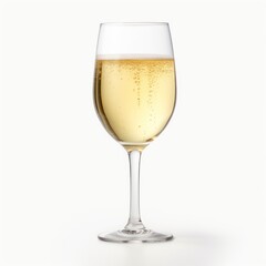 Chilled glass of white wine glistens with condensation, isolated on white background