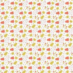Seamless pattern with abstract leaves and berries. Color flat vector illustration.