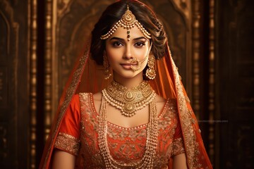 Fototapeta premium Gujarati bride in royal orange and gold lehenga displays tradition through her jewelry and gracious stance