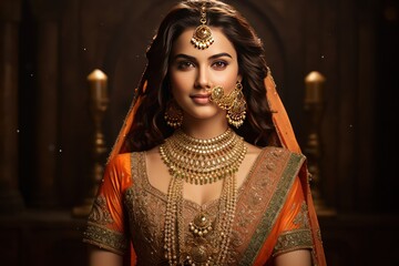 Gujarati bridal elegance showcased in a lady adorned in orange and gold lehenga, epitomizing grace and legacy