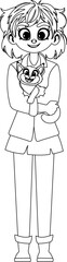 Fototapeta premium Happy female animal doctor and adorable feline. Childrens coloring page.