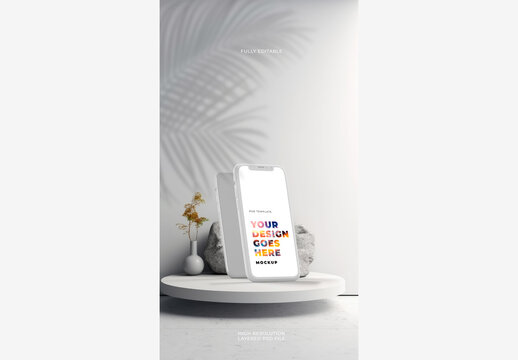 White Smartphone on Light Background and Stone Podium