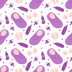 Seamless pattern with wrapped baby, pacifier, bottle, baby cream, footprints, handprints and circles. Flat color vector illustration.