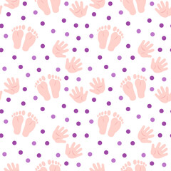 Seamless pattern with baby footprints, handprints and circles. Flat color vector illustration.