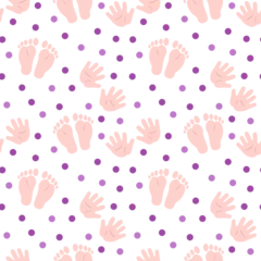 Fototapeten Seamless pattern with baby footprints, handprints and circles. Flat color vector illustration. © el_mirik_design