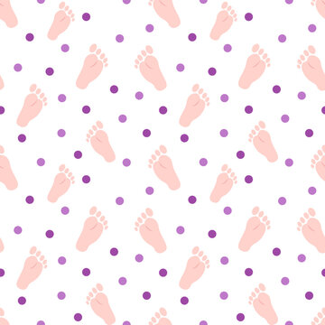 Seamless pattern with baby one foot prints and circles. Flat color vector illustration.