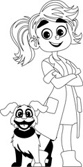 Happy female veterinarian and adorable dog. Childrens coloring page.