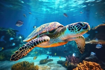 Fototapeta na wymiar Sea turtle, colorful under water scene. Ocean diversity and ecology concept. 