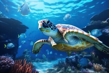 Sea turtle, colorful under water scene. Ocean diversity and ecology concept. 