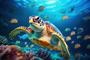 Naklejka na ściany i meble Sea turtle, colorful under water scene. Ocean diversity and ecology concept. 