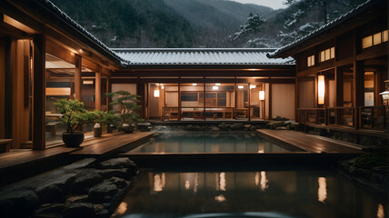 Luxurious onsen at night, reflected on calm water, amidst mountains. Tranquil travel destination.