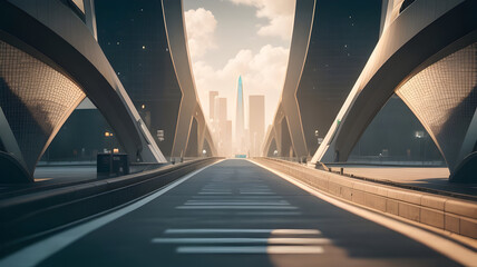 Empty road in modern futuristic city with skyscrapers - obrazy, fototapety, plakaty