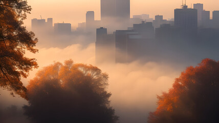 Misty Urban Skyscraper Silhouettes at Sunrise.
City at dawn with hazy mist, skyscrapers, and lone tree in silhouette.
