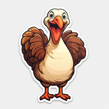 A sticker with a cartoon turkey on it. Digital art. Cute Thanksgiving turkey.