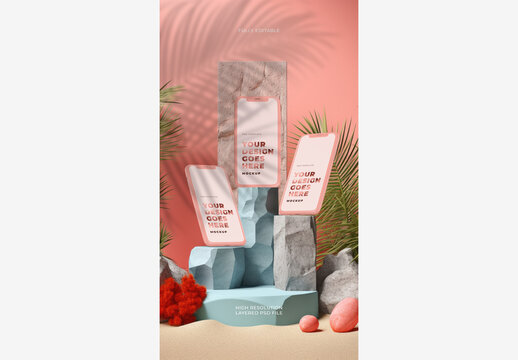 Light Pink Smartphones Mockup with Stone Platform Shapes on Pink with Plants