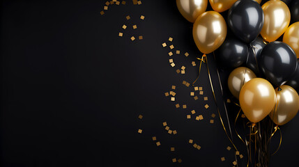 Black Friday or Happy Birthday banner with black and gold balloons. Festive celebrating background with golden and black balloons with serpentine on dark background with copy space - obrazy, fototapety, plakaty