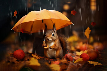 squirrel with umbrella, rainy day