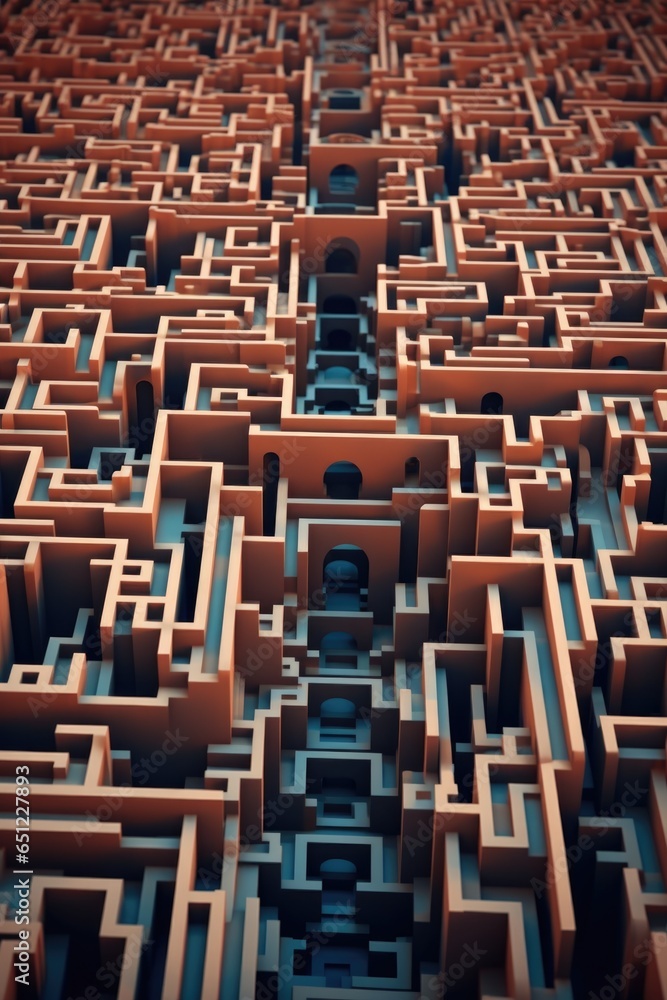 Poster a maze with a clock in the middle of it, ai